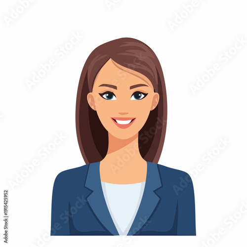 Illustration of a smiling businesswoman with brown hair and blue blazer.