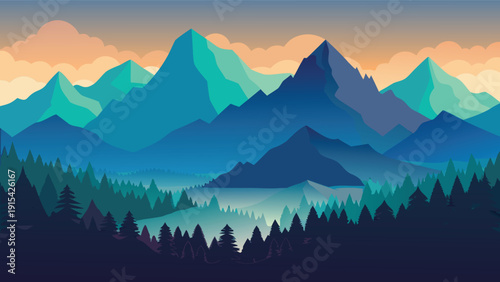 Mountain landscape vector illustration with forest and sunset