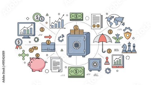 Comprehensive collection of finance and wealth management symbols including a secure safe, a piggy bank, and various investment charts.