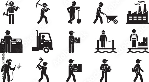 Industrial workers and construction labor silhouettes set, factory mining warehouse transportation job profession vector icons collection
