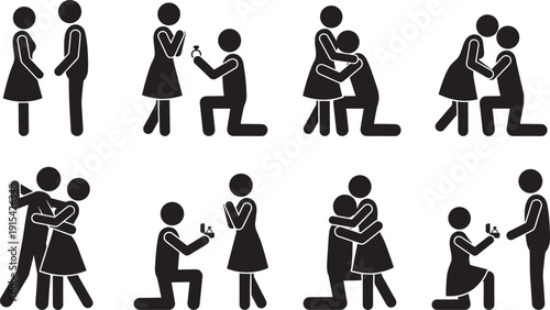 Marriage proposal and couple love silhouette set, engagement romantic relationship isolated on white background illustration