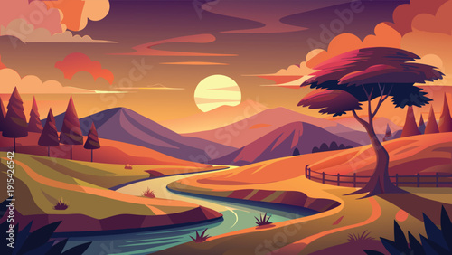Sunset landscape vector illustration with river, mountains, and tree