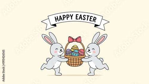 Two cute grey rabbits happily carrying a woven basket filled with colorful and decorated Easter eggs under a festive banner.