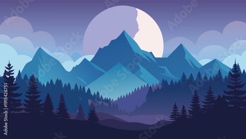 Moonlit mountain landscape vector illustration