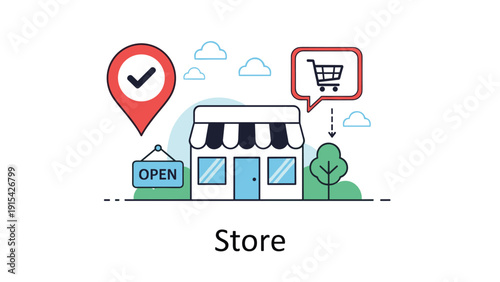 Local store building with open sign, location pin, and shopping cart icons for retail business and physical shop location concept.