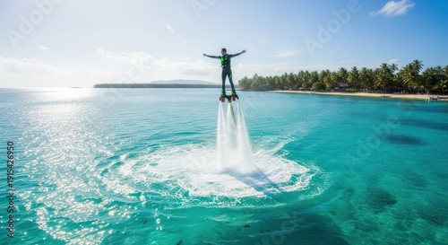 Man Flying on Water Jetpack over Ocean.