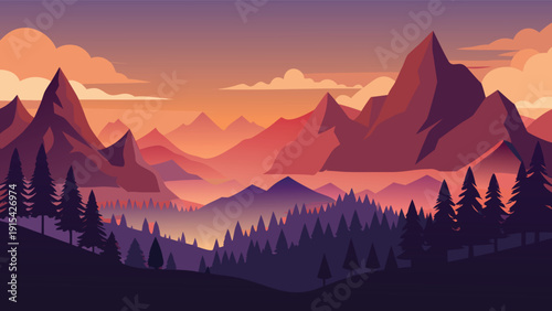 Mountain landscape vector illustration with sunset