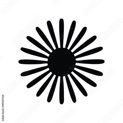 A stark black and white illustration of a sun or flower with radiating petals, symbolizing nature and brightness