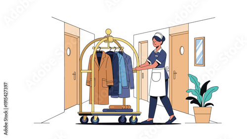 Hotel maid pushing a luggage cart with coats and clothes through a hotel corridor for professional housekeeping and laundry service.
