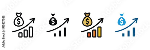 Money bag with rising growth chart icon vector. Profit bar graph with arrow for financial investment success, budget increase, and wealth management set. Vector Illustration.
