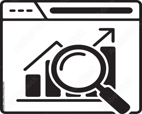 Data Analytics and Business Growth Icon with Bar Chart and Magnifying Glass