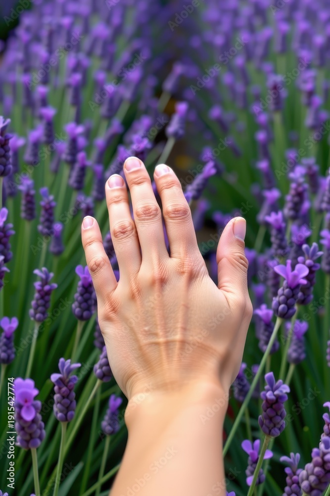 Fototapeta premium A hand gently touches vibrant purple lavender flowers in a serene garden setting.