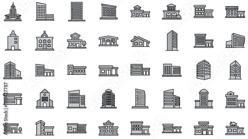Large set of various building icons in black and white including houses, offices, hospitals, and skyscrapers for architectural design.