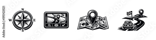 Navigation flat vector icons set. compass, map, and gps pin symbols collection.