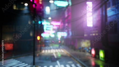Obraz na płótnie A vibrant city alley glows with colorful neon signs under a wet street