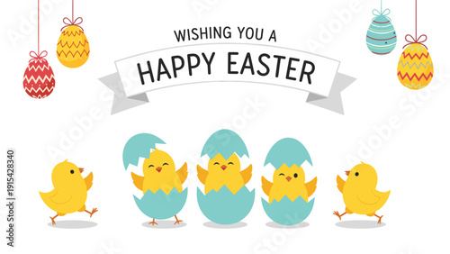 Happy Easter card featuring cute yellow baby chicks hatching from colorful blue eggs under a decorative ribbon banner for kids.