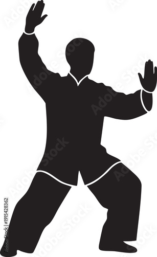 Silhouette of a person performing Tai Chi in traditional clothing.