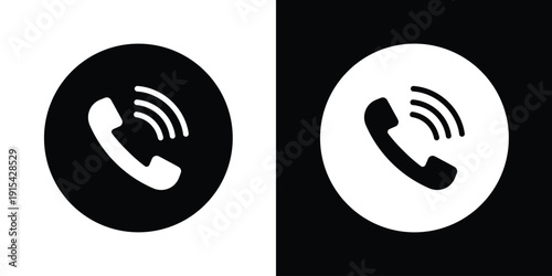 Minimalist ringing phone call icon set in black and white circular design. Ideal UI vector symbol for contact us, customer support, communication, and hotline concept.