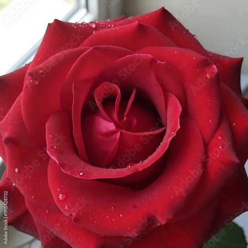 Close-up of a vibrant red rose with dew drops, capturing its intricate petal formation and rich color