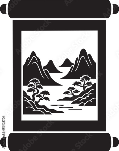 Black and white illustration of a scroll with an Asian landscape and bonsai trees