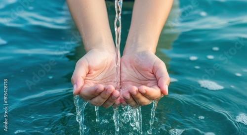 Hands Holding Water Over Ocean Surface.
