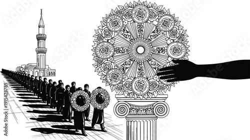 Black and White Illustration of People Carrying Wreaths in Procession Toward Ornate Floral Monument for International Mother Language Day Celebration Against a White Background Vector