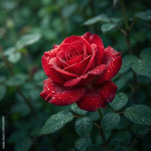 Close-up photograph of a stunning vibrant red rose blossom adorned with glistening fresh raindrops, showcasing nature's delicate beauty and rich colors after a refreshing shower in a serene garden
