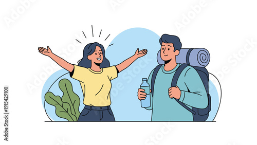 Happy young couple enjoying a hiking trip in nature with backpacks and water bottles against a simple blue mountain backdrop.