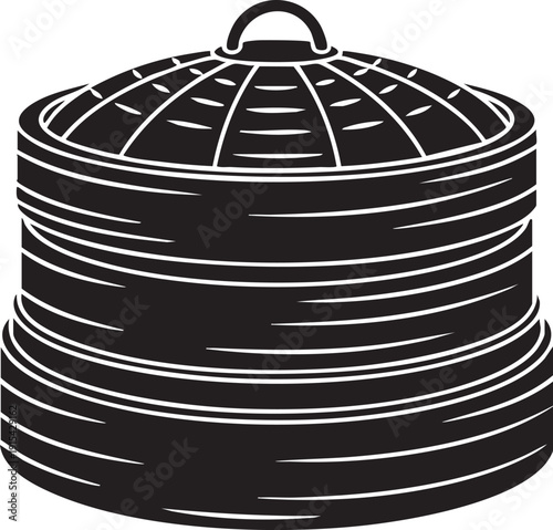 Stacked black silhouette of a bamboo steamer basket with a lid