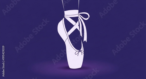 Elegant white ballet shoe suspended in mid air on purple background with ribbons and bow