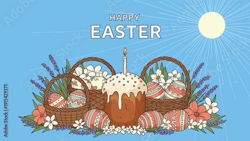 Traditional easter celebration scene with a delicious glazed cake, a lit candle, and multiple baskets filled with decorated eggs.