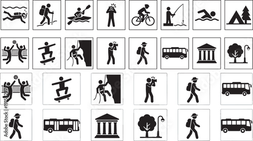 Outdoor recreation and travel silhouette icons set, camping sports transport adventure activity symbols isolated on white background