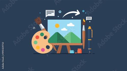 Creative art workspace concept featuring a landscape painting on an easel with a colorful paint palette brushes and professional drawing tools.