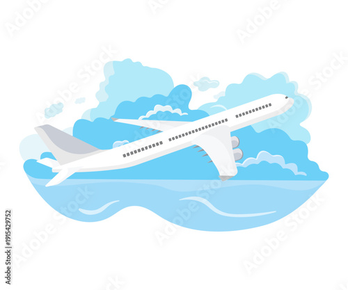 Flat vector illustration of passenger airplane flying above ocean and clouds. Commercial aviation, international travel, tourism, airline transportation concept in modern minimal style.