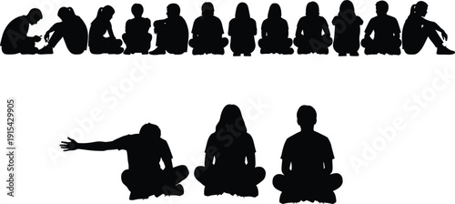 Collection of children sitting cross legged silhouettes isolated on white background, kids seated in various poses, school, meditation, friendship concept illustration education and childhood theme