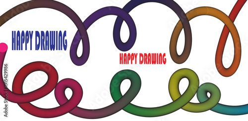 Happy drawing colorful swirly design with vibrant loops and greetings