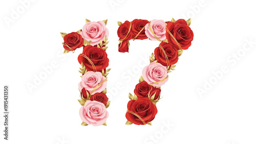 Number seventeen made of red and pink roses on a white background