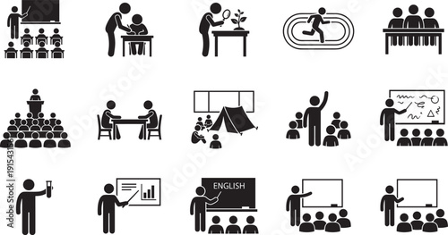 School and education silhouette icons set, teacher students classroom learning activities isolated on white background illustration