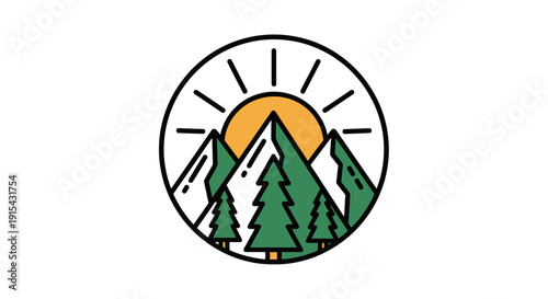 Vibrant Mountain Landscape Outdoor Adventure Logo with Sun and Trees, isolated white background