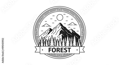 Vintage Forest Mountain Landscape Emblem with Pine Trees and Sun Isolated White Background