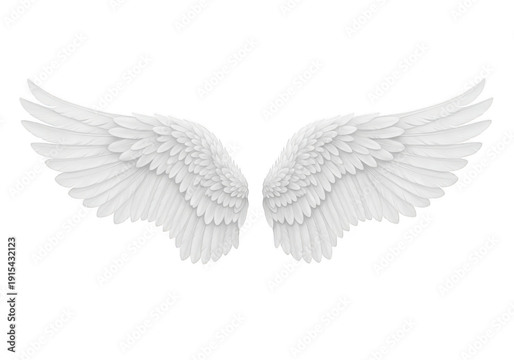 Fototapeta premium Delicate white angel wings with intricate feather details and subtle shading isolated on transparent background