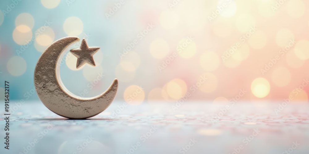 Naklejka premium A metallic crescent moon and star tabletop decoration placed on a textured surface with bokeh lights