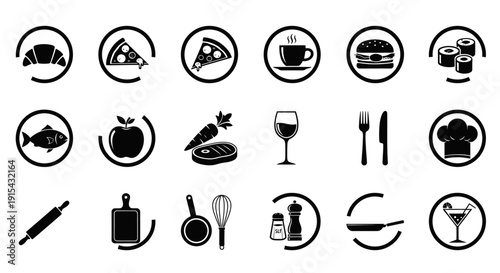 Solid Black Food, Drink, and Cooking Tool Icons Set in Circles for Kitchen or Restaurant on White Background