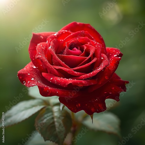A beautiful, dewy red rose in full bloom, captured in a close-up, high-resolution photograph with a soft, blurred green background