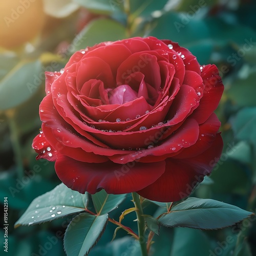 A breathtaking, high-resolution close-up photograph of a vibrant red rose adorned with glistening dew drops, set against a softly blurred green garden backdrop