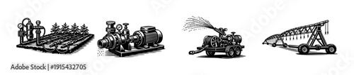 Irrigation equipment flat vector icons set: watering systems and farm tools collection