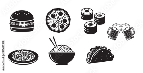 Various fast food and drink icons in black and white graphics