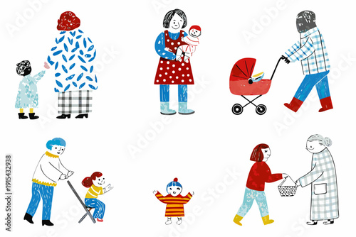 Stylized illustration depicting diverse family members walking in various outfits and activities