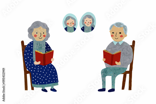 Two elderly people sit in chairs reading books with smaller portraits of younger selves above them
