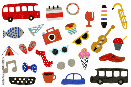 Colorful illustration of various travel and leisure icons arranged on a white background